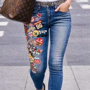 Upcycled AGOLDE Denim Jeans with Patches | NYC Theme Patchwork Jeans | Handmade Reworked Luxury Denim | Unique Streetwear