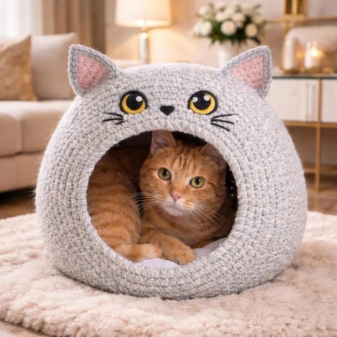 Crochet Cat Cave Pattern PDF – Cozy Cat Bed With Ears & Pillow ...