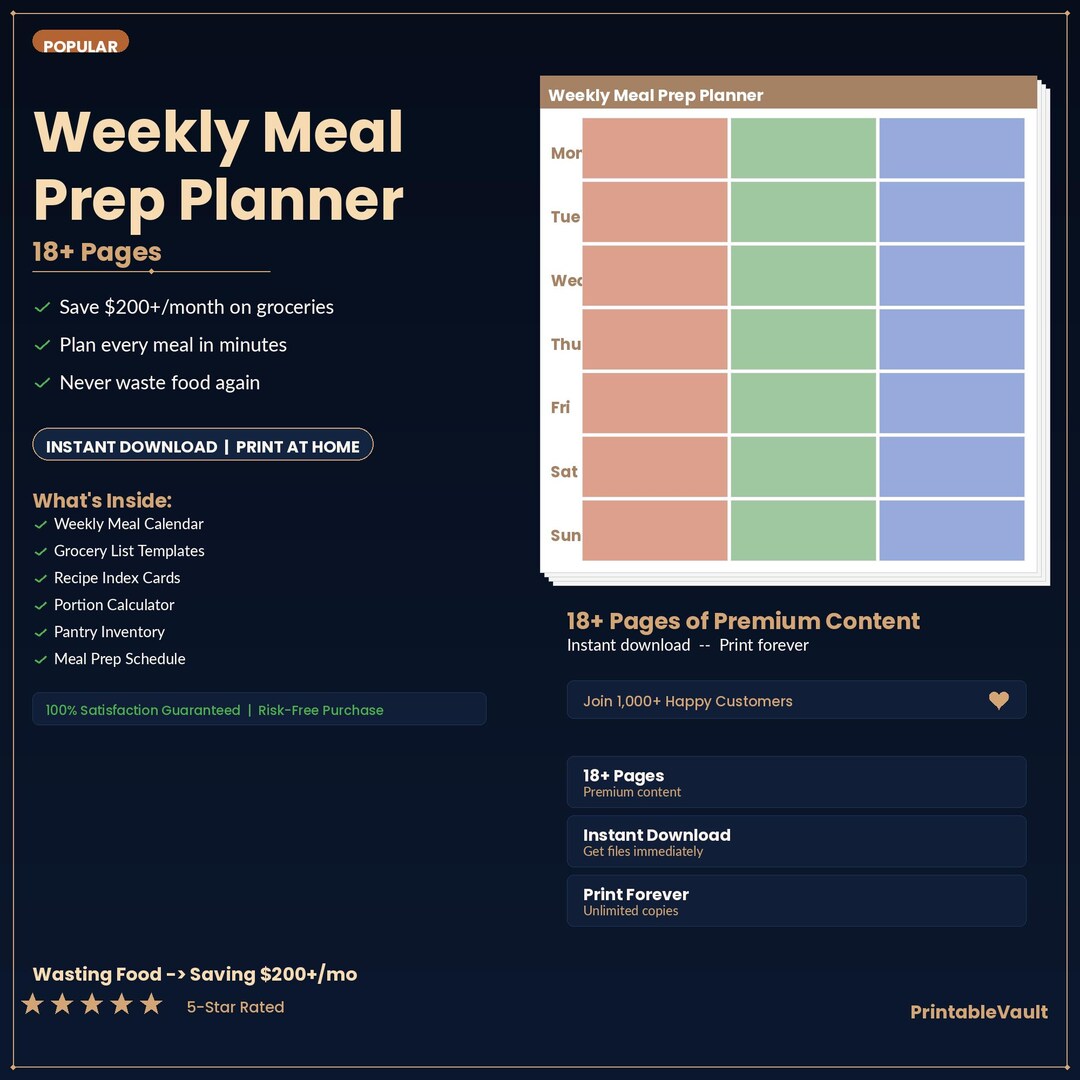 Weekly Meal Prep Planner Printable | Grocery List Template | Recipe ...