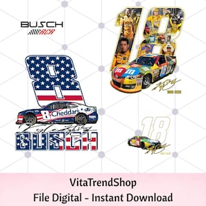 May include: Digital file featuring multiple images of race cars with the number 18 and the name Busch. One design incorporates the American flag. Other designs include the M&M's logo and driver images.