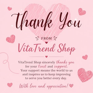 K&ouml;nnte beinhalten: Eine hellrosa quadratische Dankeskarte mit einem gro&szlig;en, gekritzelten Herz in der Mitte, kleineren verstreuten Herzen und dunkelrosa Text, der Thank You FROM VitaTrend Shop lautet, gefolgt von einer Nachricht des Dankes f&uuml;r Vertrauen.