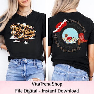 May include: A black t-shirt featuring a front graphic of the text Toy Story in a yellow rope font over white clouds. The back graphic shows a circular window with cartoon characters, a red hat, a red cowboy boot, and the text Love has ways of bringing things back to life.