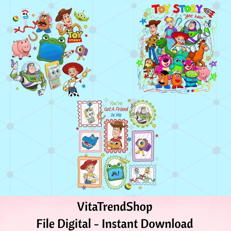 Peut inclure: Un graphique num&eacute;rique pr&eacute;sentant trois collections distinctes de personnages Toy Story. Un groupe montre des personnages individuels, un autre affiche un grand ensemble avec le texte Toy Story yee haw, et le troisi&egrave;me pr&eacute;sente des personnages encadr&eacute;s.