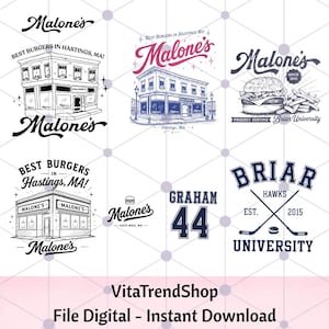 May include: A collection of digital designs featuring the Malone's restaurant logo. The designs include illustrations of the restaurant building, a burger, and text that reads "Best Burgers in Hastings, MA!" and "Briar University."