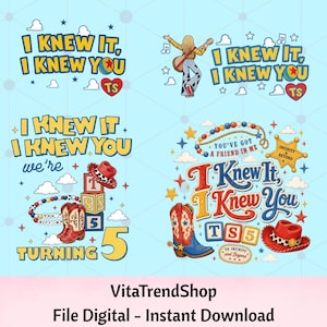 Pu&ograve; includere: Un set di grafiche digitali con quattro design contenenti il testo I KNEW IT, I KNEW YOU, TS, TURNING 5, YOU'VE GOT A FRIEND IN ME e INFINITY & BEYOND. Gli elementi includono una persona con chitarra, stivali da cowboy, un cappello rosso e cubi.