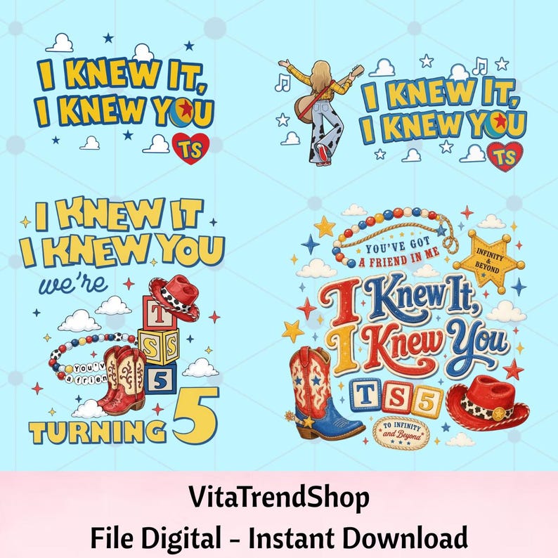 Pu&ograve; includere: Un set di grafiche digitali con quattro design contenenti il testo I KNEW IT, I KNEW YOU, TS, TURNING 5, YOU'VE GOT A FRIEND IN ME e INFINITY & BEYOND. Gli elementi includono una persona con chitarra, stivali da cowboy, un cappello rosso e cubi.