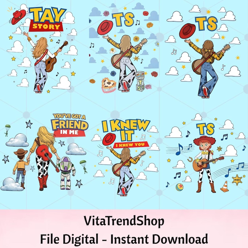 May include: A collection of six digital illustrations featuring a character with long hair wearing a yellow plaid shirt and cow-print pants, holding a guitar and a red hat. The designs include text like TAY STORY, TS, YOU'VE GOT A FRIEND IN ME, and I KNEW IT, set against a light blue background with white clouds, musical notes, and stars.