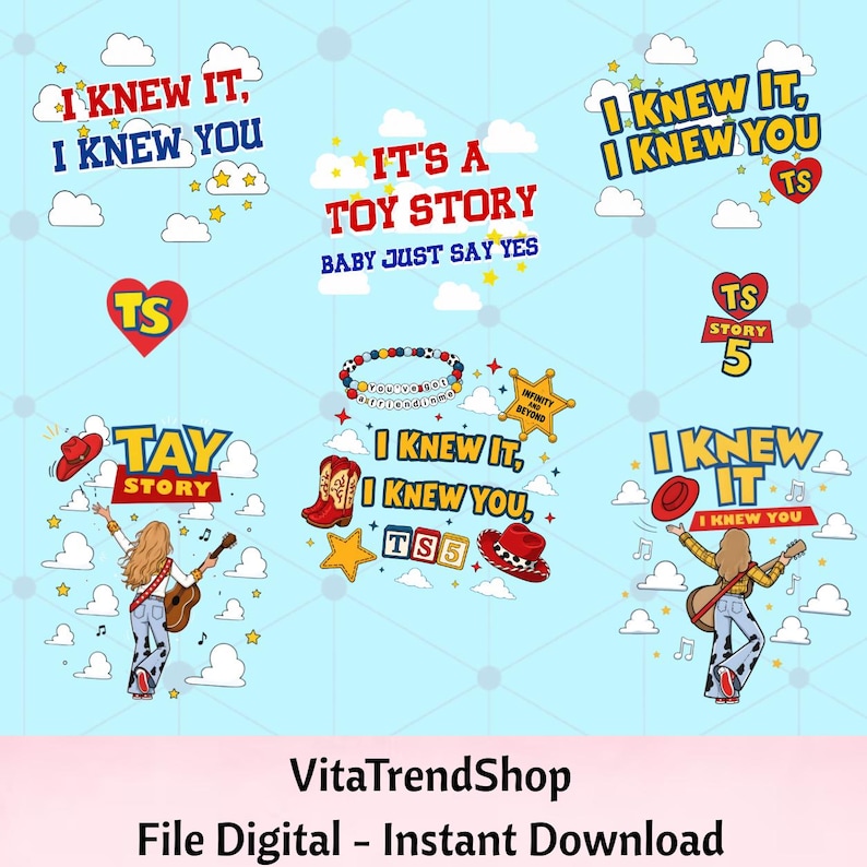 K&ouml;nnte beinhalten: Ein digitales Grafikblatt mit mehreren Illustrationen auf hellblauem Hintergrund mit wei&szlig;en Wolken und gelben Sternen. Die Designs enthalten Texte wie I KNEW IT, I KNEW YOU, IT'S A TOY STORY, TAY STORY und TS5, sowie Cowboyh&uuml;te, Stiefel und eine Figur, die Gitarre spielt.