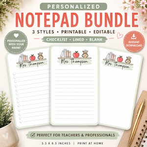 May include: A personalised notepad bundle featuring three styles: checklist, lined, and blank. Each notepad displays a shelf illustration with books, an apple, and a pencil holder, with the text Mrs. Thompson. The bundle measures 13.97 x 21.59 cm.