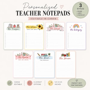 Lot de blocs-notes personnalisés pour enseignant, modèles de bloc-notes modifiables sur toile, cadeau personnalisé pour enseignant, bloc-notes imprimable, cadeau de remerciement pour enseignant