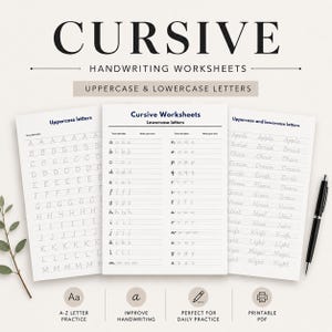 May include: Three white pages of cursive handwriting worksheets featuring uppercase and lowercase letters for tracing and practice. The text includes CURSIVE HANDWRITING WORKSHEETS, Uppercase letters, Cursive Worksheets, and Lowercase letters.