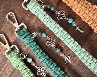 Macrame Wristlet Keychain • Indian Agate Gemstone, Initial Charm, Celtic Knot, Cotton Cord