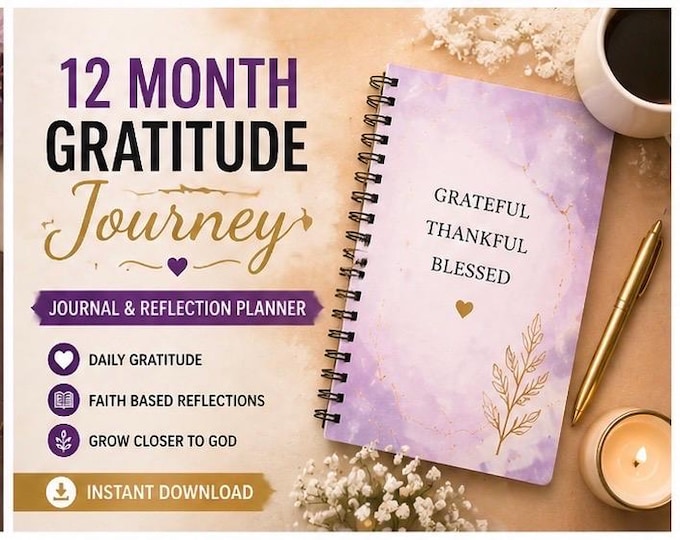 Christian Gratitude Journal Printable | 12 Month Faith Reflection Planner (Digital Download)