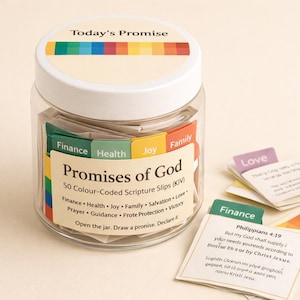 Puede incluir: Un tarro de vidrio transparente con tapa blanca, etiquetado "Today's Promise" con una franja arcoíris. El tarro contiene 50 hojas de escritura codificadas por colores, categorizadas por temas como Finanzas, Salud y Amor. El texto "Promises of God" es visible.