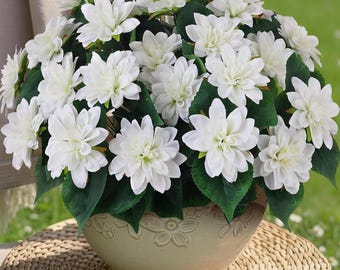 8 Bundles White Artificial Dahlia Flowers | UV Resistant Outdoor Decor