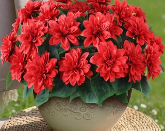 8 Bundles Artificial Red Dahlia Flowers – Realistic UV Resistant Faux Silk Decor