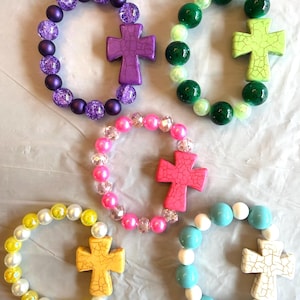 Crackle Cross Stretch Bracelet, Colorful Faith Based Christian Baptism Gift Set