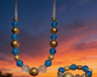 Royal Blue and Gold Beaded Necklace Bracelet Set, Statement Chunky Jewelry Stack