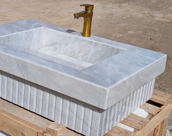 Hand Carved Fluted White Marble Farmhouse Sink | 36” Extra Large Apron Front Basin | Luxury Master Bath Vanity | Bespoke Artisan Stone Craft