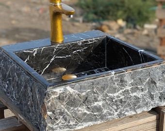 Hand Carved Black Marble Vessel Sink | 18" Michael Angelo Stone Basin, Modern Rustic Vanity
