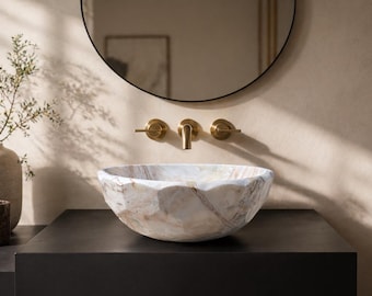 Hand Carved Onyx Vessel Sink | Translucent Stone Bathroom Basin (42x17 cm)