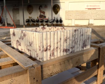 Hand Carved Fluted Pink Marble Vessel Sink | 18" Square Strawberry Stone Basin 46x46x15 cm | Luxury Master Bath Vanity|Bespoke Karachi Craft