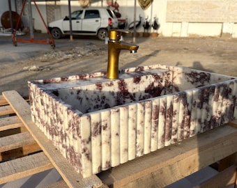 Red Wine Marble Fluted Sink | Hand Carved Rectangle Vessel Basin 61×41cm | Strawberry Pink Marble | Rare Pakistani Stone