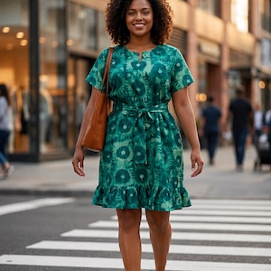 green dress with red belt Sage Green Linen Midi Dress with Swing Silhouette and Belt