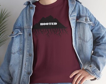 Origin and Heritage Tee With Boldly Written Rooted mountain silhouette Tee  roots graphic shirt