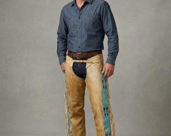 May include: A blue button-down shirt with long sleeves, a brown leather belt, and tan leather chaps featuring long fringe, a turquoise vertical stripe, and dark blue arrow-shaped accents along the outer legs, worn over dark blue denim jeans.