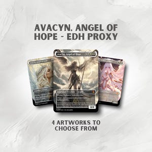 May include: Three collectible cards featuring artwork of Avacyn, Angel of Hope. The cards have a black border and include the text "Avacyn, Angel of Hope - EDH PROXY" and "4 ARTWORKS TO CHOOSE FROM". The cards display different angel illustrations.