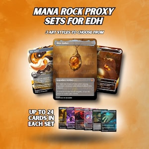 May include: Image of Mana Rock Proxy sets for EDH. The image shows three art styles to choose from, with the text "Mox Amber" on the cards. The image also shows "Up to 24 cards in each set". The background is orange.
