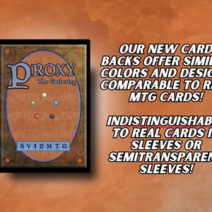 May include: A card back design with the text "PROXY The Gathering" and "AVIDMTG". The design features a brown and gold color scheme with various colored dots. Text on the right side reads "OUR NEW CARD BACKS OFFER SIMILAR COLORS AND DESIGNS COMPARABLE TO REAL MTG CARDS!"