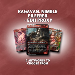 May include: Three "Ragavan, Nimble Pilferer - EDH Proxy" cards are displayed, showcasing different artworks. The cards feature a monkey pirate theme, with text and illustrations. The background is a gradient of red and brown.