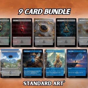 May include: Nine Magic: The Gathering cards are displayed, featuring various artworks and card types. The cards include the text "9 CARD BUNDLE" and "STANDARD ART". The cards showcase detailed illustrations and text, with a variety of colors and designs.