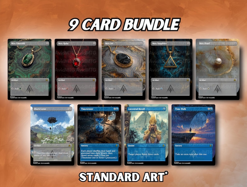 May include: Nine Magic: The Gathering cards are displayed, featuring various artworks and card types. The cards include the text "9 CARD BUNDLE" and "STANDARD ART". The cards showcase detailed illustrations and text, with a variety of colors and designs.