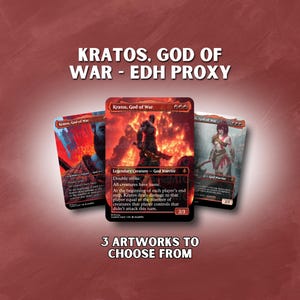 Op de afbeelding: Drie kunstwerken van "Kratos, God of War - EDH Proxy" kaarten. De centrale kaart toont een vurige illustratie van een krijger. De tekst "3 ARTWORKS TO CHOOSE FROM" staat onderaan. De kaarten staan tegen een roodbruine achtergrond.