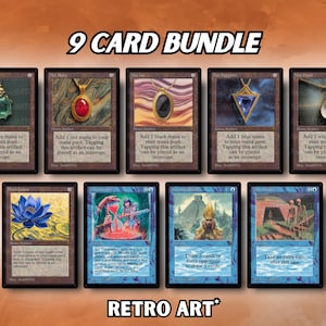 May include: Nine Magic: The Gathering cards are displayed, featuring various artifacts and spells. The cards showcase detailed illustrations of pendants, a lotus flower, and other fantasy elements. The text "9 CARD BUNDLE" and "RETRO ART" are visible.