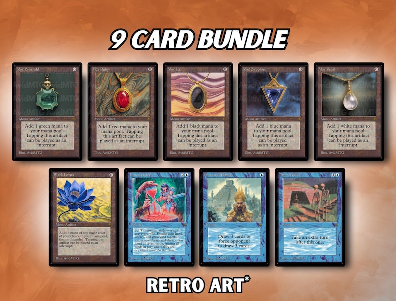 May include: Nine Magic: The Gathering cards are displayed, featuring various artifacts and spells. The cards showcase detailed illustrations of pendants, a lotus flower, and other fantasy elements. The text "9 CARD BUNDLE" and "RETRO ART" are visible.