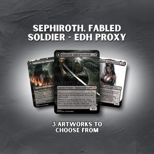 May include: Three fantasy art cards featuring the character Sephiroth. The cards are labeled "Sephiroth, Fabled Soldier" and "Sephiroth, One-Winged Angel". The text "3 ARTWORKS TO CHOOSE FROM" is at the bottom.