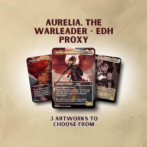 May include: Three Magic: The Gathering proxy cards featuring Aurelia, the Warleader. The cards display different artworks of the character, with text that includes "Legendary Creature - Angel" and "3 ARTWORKS TO CHOOSE FROM". The cards are set against a beige background.
