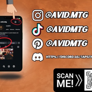 May include: A smartphone screen displays the avid.mtg Instagram profile, with social media icons for Instagram, TikTok, Pinterest, and Discord. The image includes a QR code and the text "SCAN ME!"