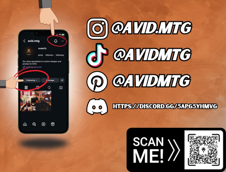 May include: A smartphone screen displays the avid.mtg Instagram profile, with social media icons for Instagram, TikTok, Pinterest, and Discord. The image includes a QR code and the text "SCAN ME!"