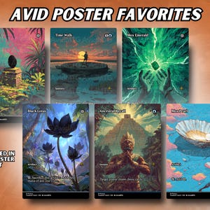 May include: A collection of six fantasy art posters, each featuring vibrant illustrations. The posters include images of a black lotus flower, a glowing emerald, and a pearl in a seashell. The text "AVID POSTER FAVORITES" is at the top.