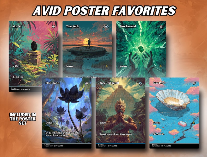May include: A collection of six fantasy art posters, each featuring vibrant illustrations. The posters include images of a black lotus flower, a glowing emerald, and a pearl in a seashell. The text "AVID POSTER FAVORITES" is at the top.