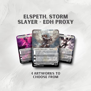 May include: Three Magic: The Gathering proxy cards featuring Elspeth, Storm Slayer artwork. The cards are displayed against a white background with text that reads "ELSPETH, STORM SLAYER - EDH PROXY" and "4 ARTWORKS TO CHOOSE FROM".