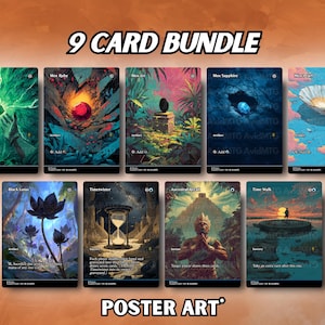 May include: A bundle of nine Magic: The Gathering card art prints. Each card features unique fantasy artwork with vibrant colors and detailed illustrations. The text "9 CARD BUNDLE" and "POSTER ART" are displayed.
