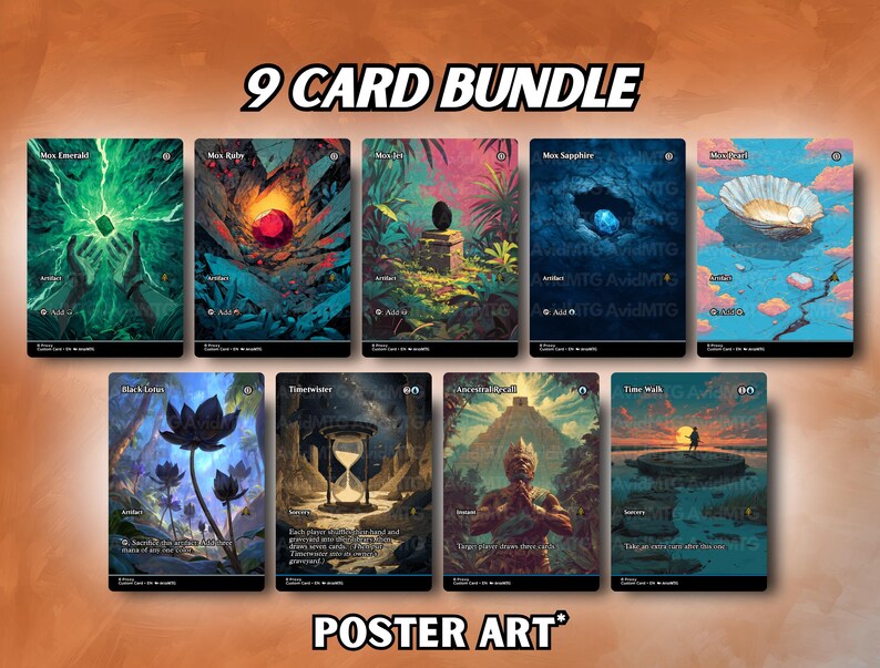 May include: A bundle of nine Magic: The Gathering card art prints. Each card features unique fantasy artwork with vibrant colors and detailed illustrations. The text "9 CARD BUNDLE" and "POSTER ART" are displayed.