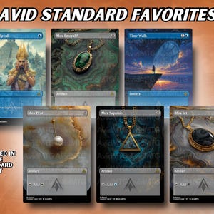 May include: A collection of six custom trading card game cards. The cards feature various fantasy art and jewelry designs, including a pendant with a green stone and a pearl. The text "AVID STANDARD FAVORITES" is at the top.