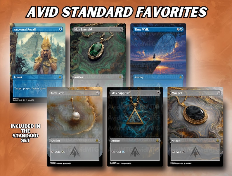 May include: A collection of six custom trading card game cards. The cards feature various fantasy art and jewelry designs, including a pendant with a green stone and a pearl. The text "AVID STANDARD FAVORITES" is at the top.